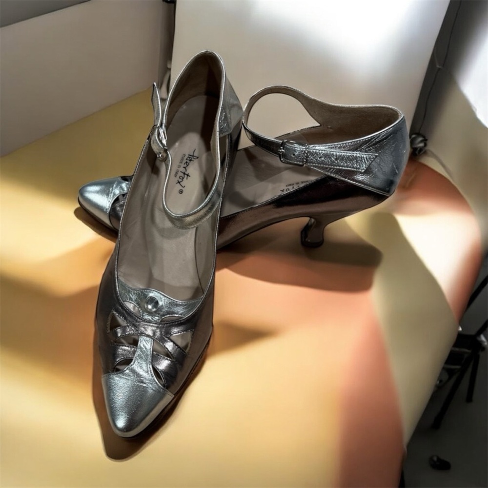 Peter Fox silver & pewter jeweled ankle strap court shoe